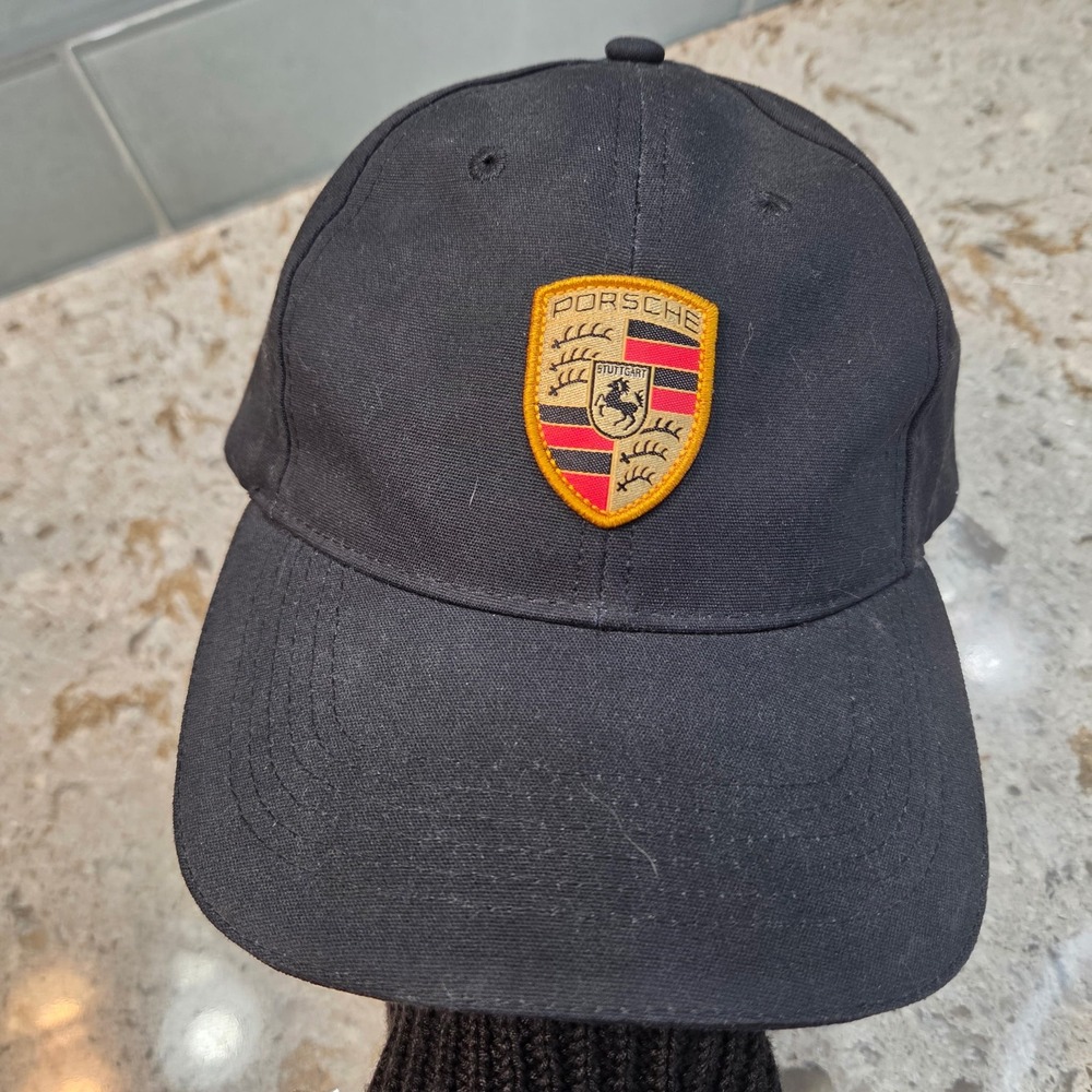 Porsche Black Canvas Baseball Hat Crest Logo Adjustable Strapback Cap Mens